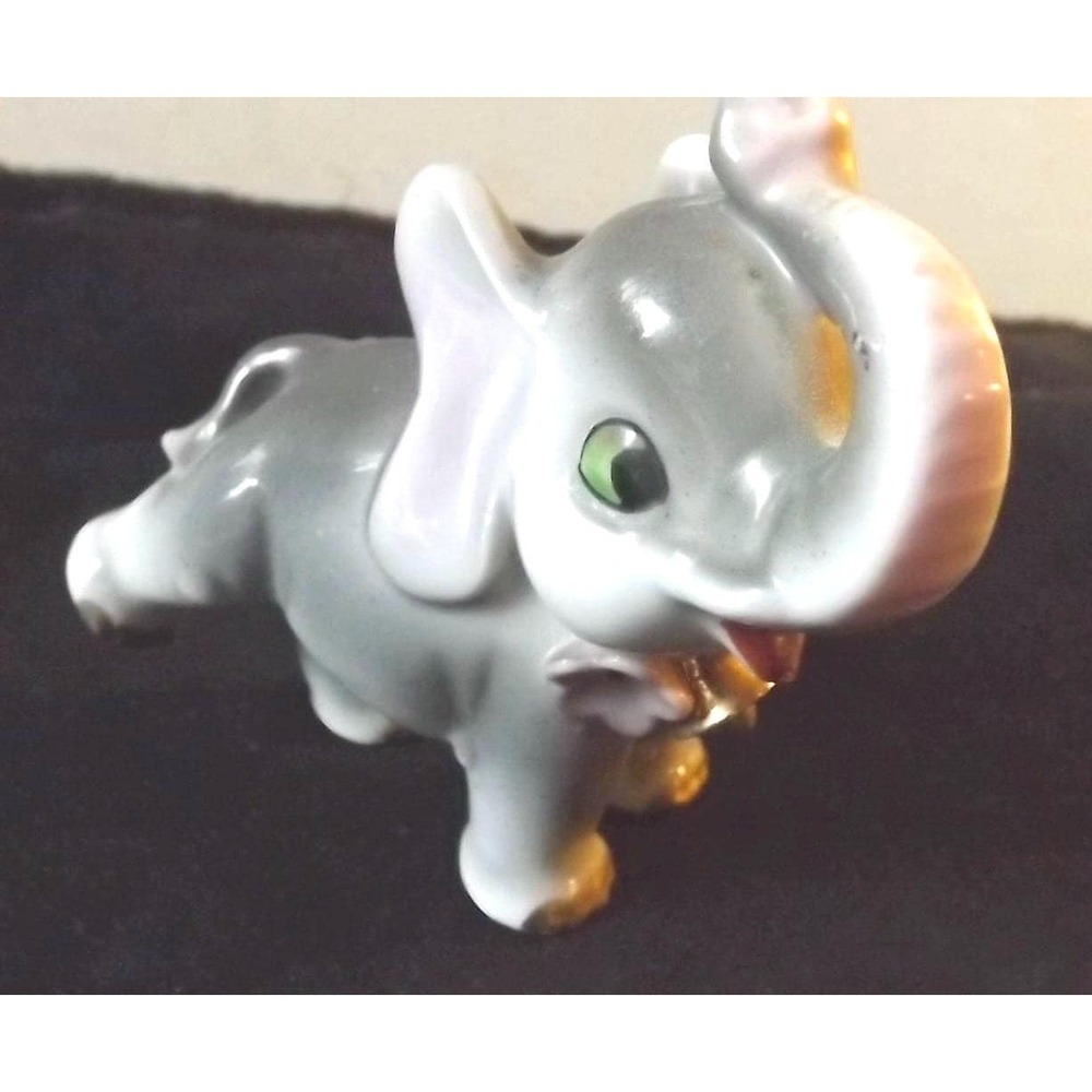 Arnart Ceramic Gray Elephant with Pink Flowers and Gold Bell